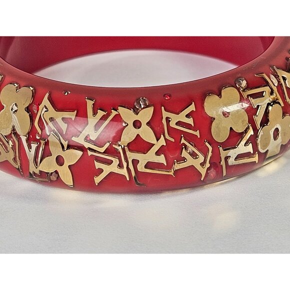 LOUIS VUITTON Red Monogram Inclusion Bracelet GM Charm Bangle Gold LV Logo Charm - Picture 14 of 14